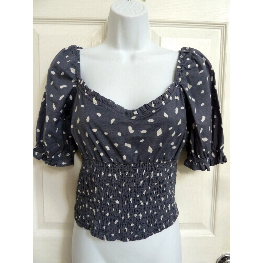 American Eagle Gray White Dotted Smocked Babydoll Puffed Sleeve Crop Blouse M